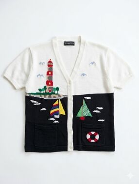Terazzo Vintage Nautical Lighthouse & Sailboat Novelty Cardigan